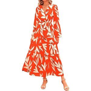 PrettyGarden Women Orange White Polyester V Neck Long Sleeve Floral Maxi Dress
